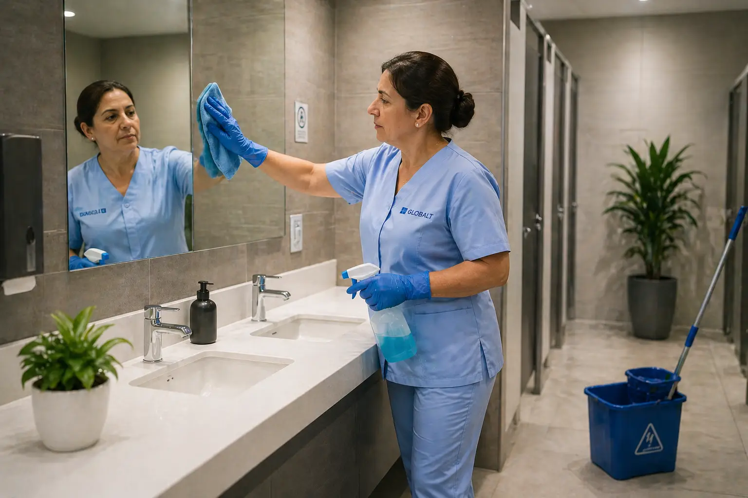 Personal de limpieza de Globalt limpieza de   espejo en baño, zonas comunes de oficina en Madrid