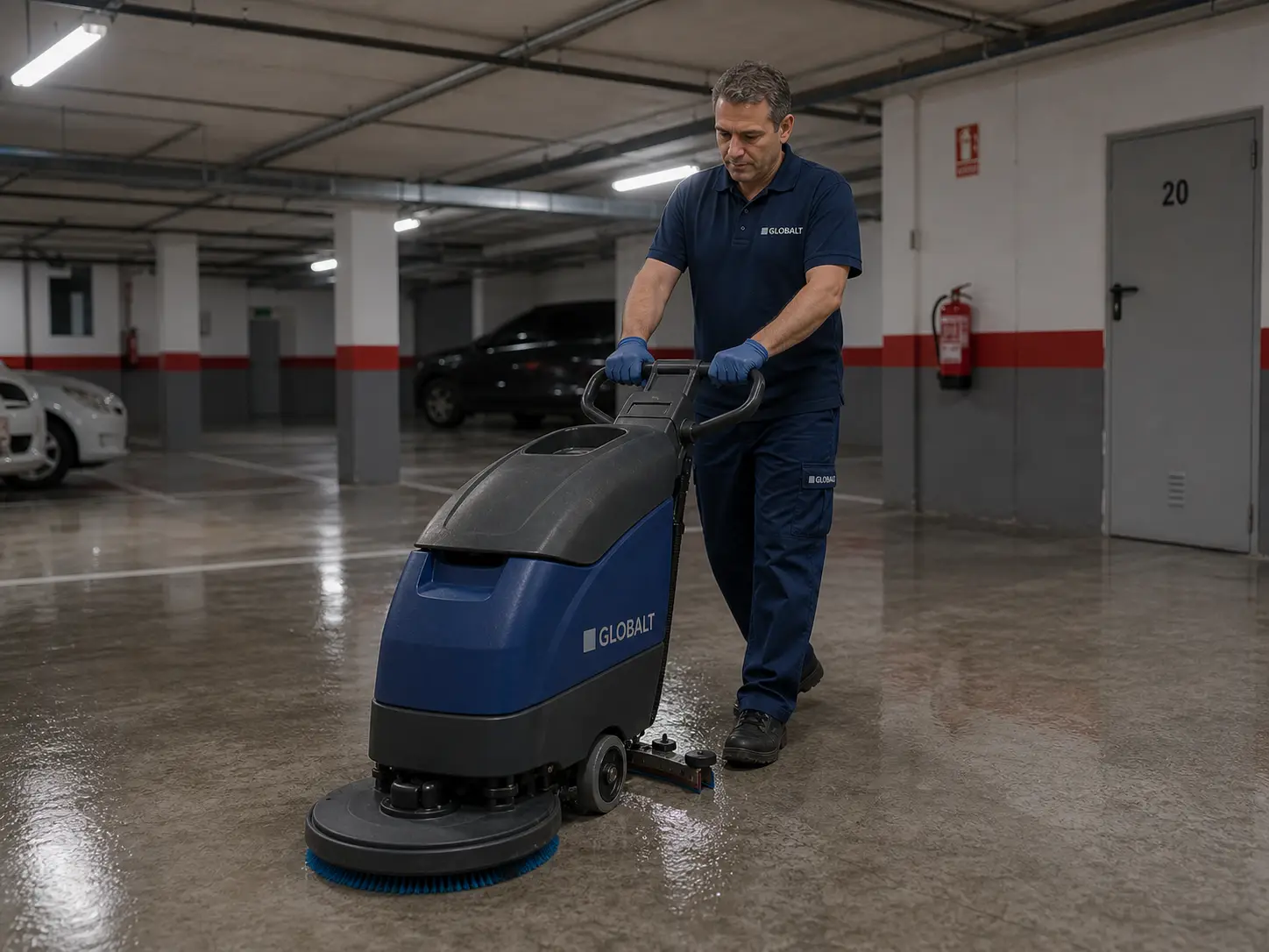 Limpieza de comunidades en Madrid, con operario realizando limpieza de grajes con máquina fregadora